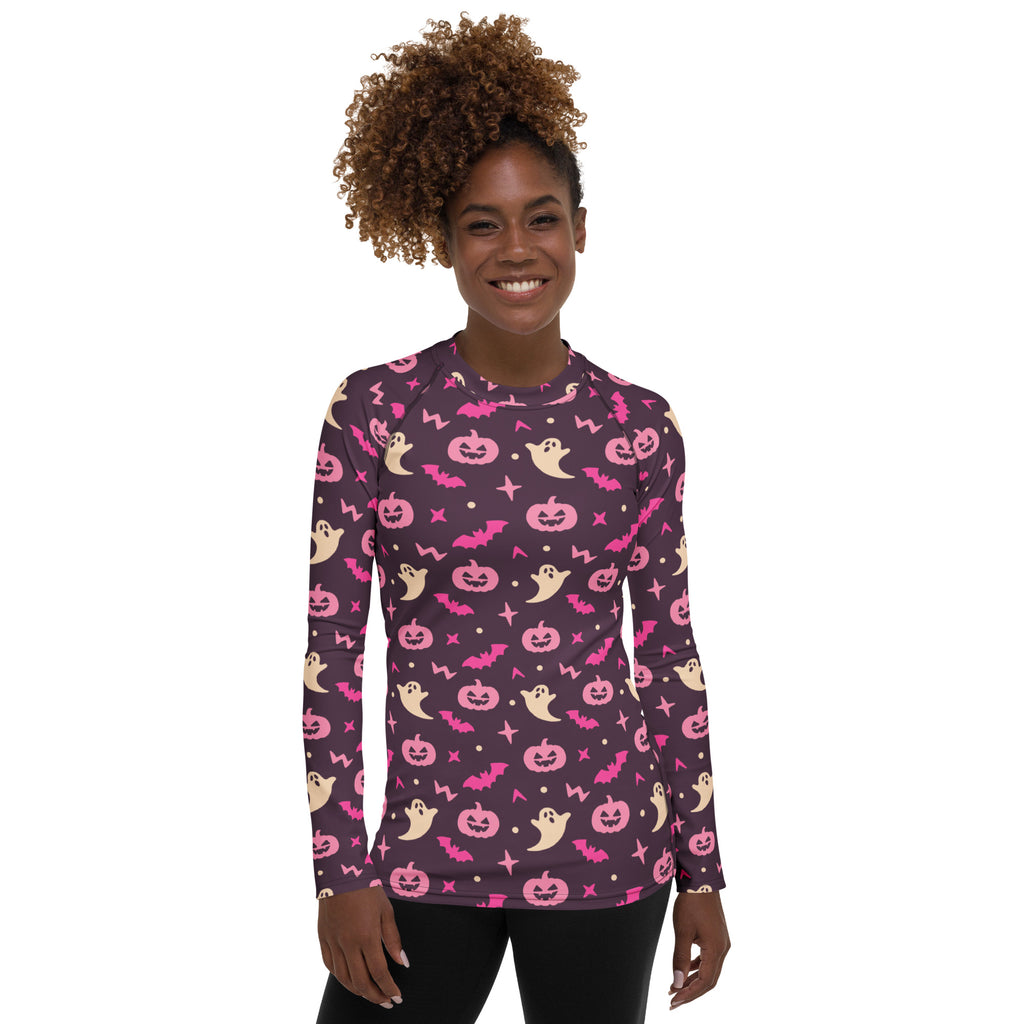 Women's Purple Halloween Long Sleeve Rash Guard Swim Shirt – Buttery Soft, Sun Safe UPF 50+ Protection, Quick Dry & 4-Way Stretch Comfort