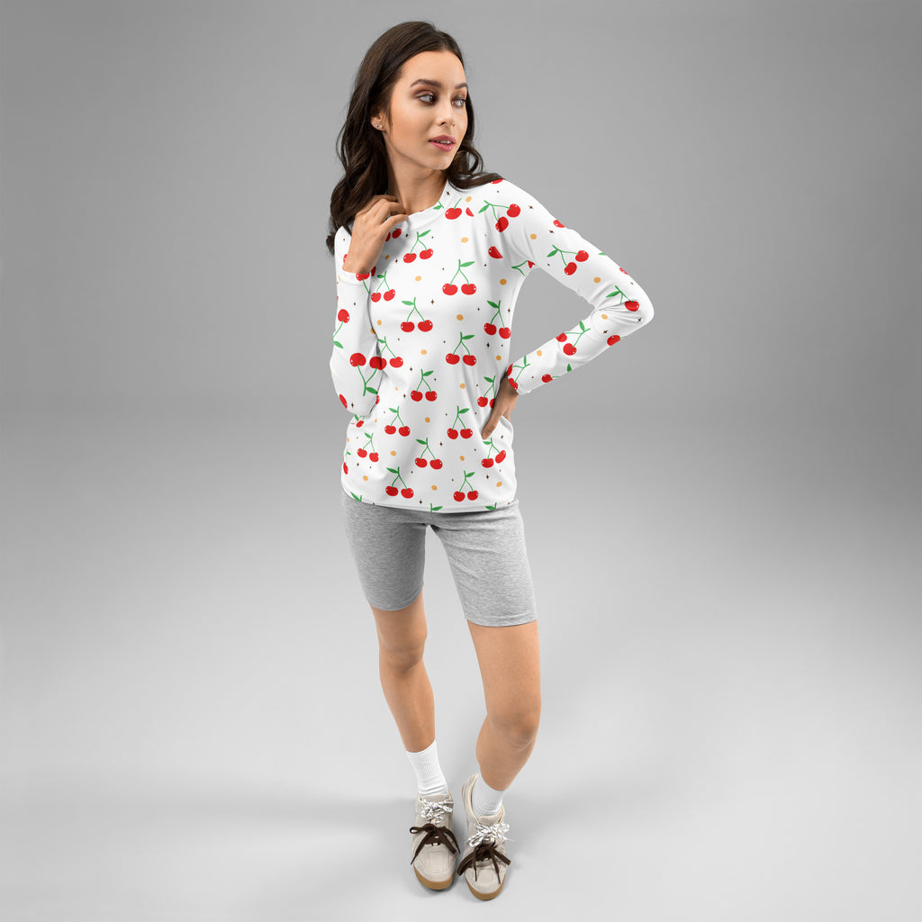 Women's Cherry Long Sleeve Rash Guard Swim Shirt – Buttery Soft, Sun Safe UPF 50+ Protection, Quick Dry & 4-Way Stretch Comfort