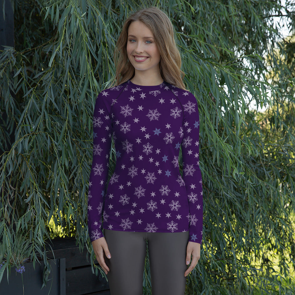 Women's Purple Snowflake Long Sleeve Rash Guard Swim Shirt – Buttery Soft, Sun Safe UPF 50+ Protection, Quick Dry & 4-Way Stretch Comfort