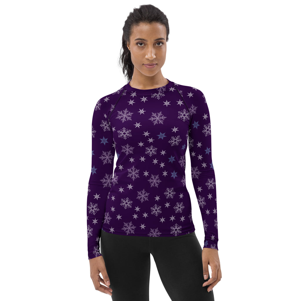 Women's Purple Snowflake Long Sleeve Rash Guard Swim Shirt – Buttery Soft, Sun Safe UPF 50+ Protection, Quick Dry & 4-Way Stretch Comfort