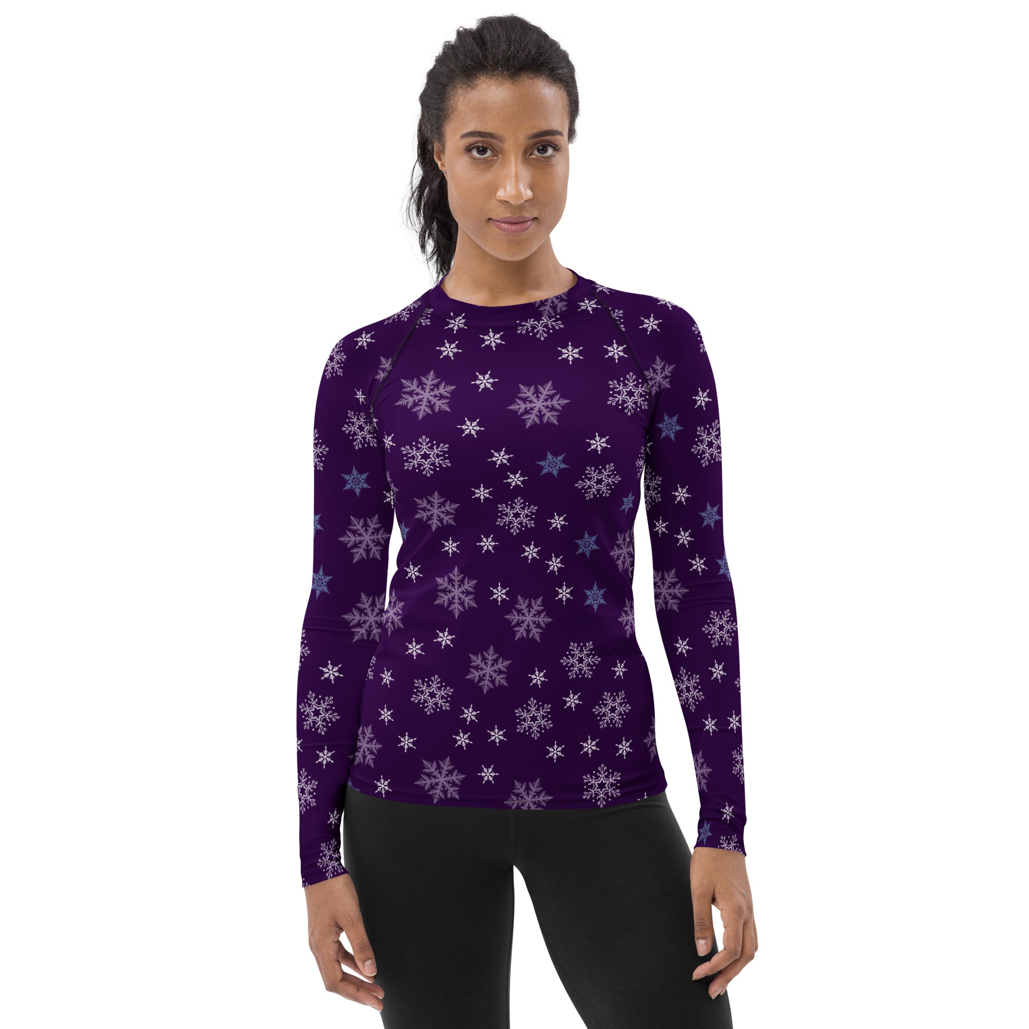 Women's Purple Snowflake Long Sleeve Rash Guard Swim Shirt – Buttery Soft, Sun Safe UPF 50+ Protection, Quick Dry & 4-Way Stretch Comfort