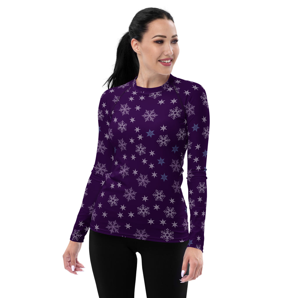 Women's Purple Snowflake Long Sleeve Rash Guard Swim Shirt – Buttery Soft, Sun Safe UPF 50+ Protection, Quick Dry & 4-Way Stretch Comfort