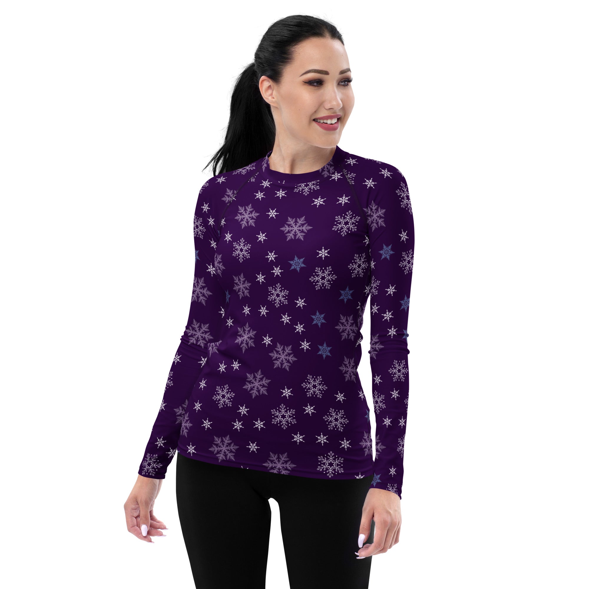 Women's Purple Snowflake Long Sleeve Rash Guard Swim Shirt – Buttery Soft, Sun Safe UPF 50+ Protection, Quick Dry & 4-Way Stretch Comfort
