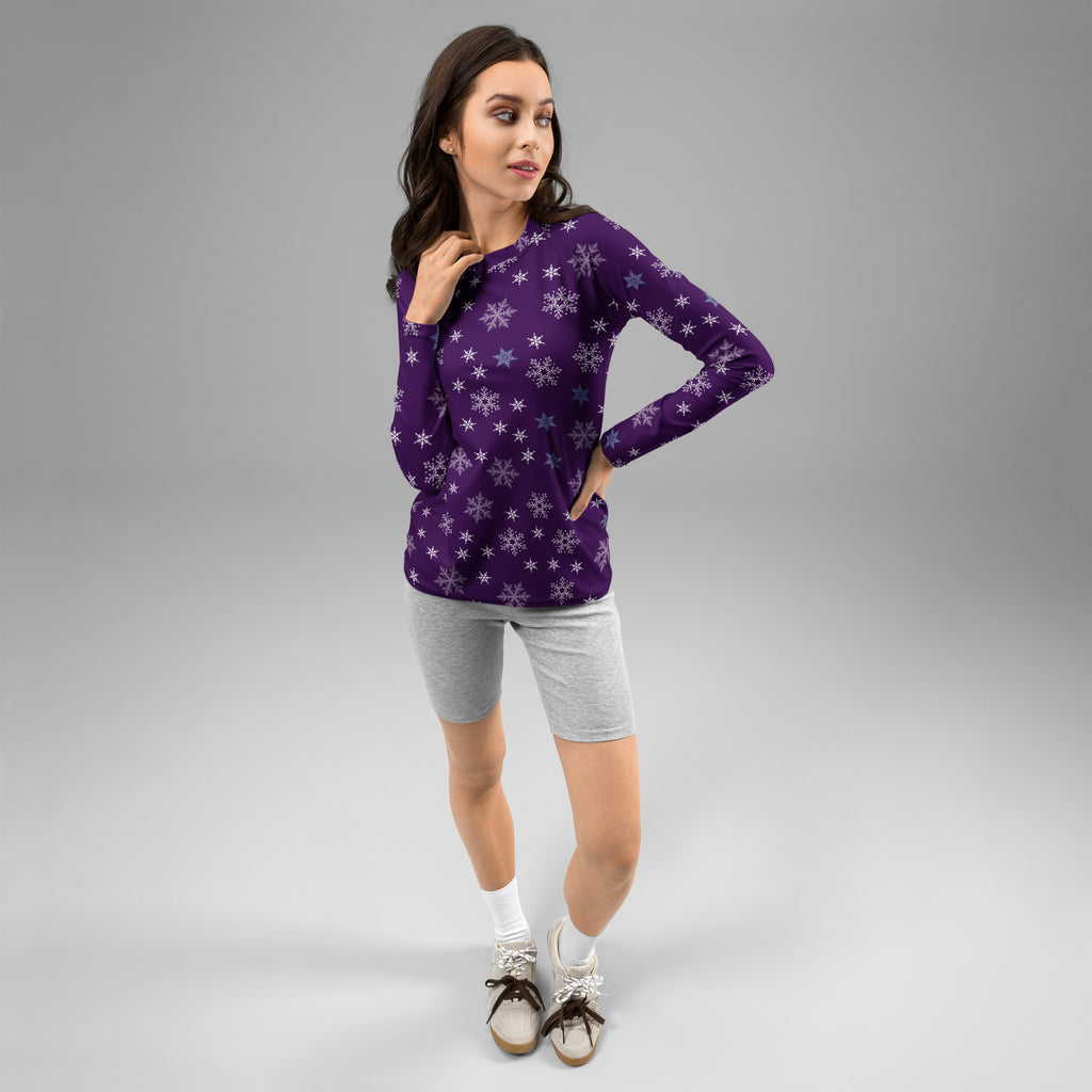 Women's Purple Snowflake Long Sleeve Rash Guard Swim Shirt – Buttery Soft, Sun Safe UPF 50+ Protection, Quick Dry & 4-Way Stretch Comfort