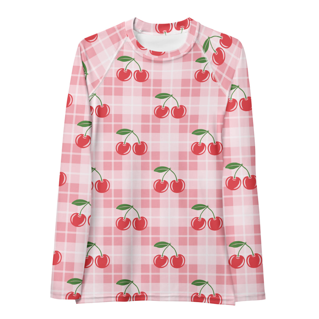 Women's Pink Plaid Cherry Long Sleeve Rash Guard Swim Shirt – Buttery Soft, Sun Safe UPF 50+ Protection, Quick Dry & 4-Way Stretch Comfort