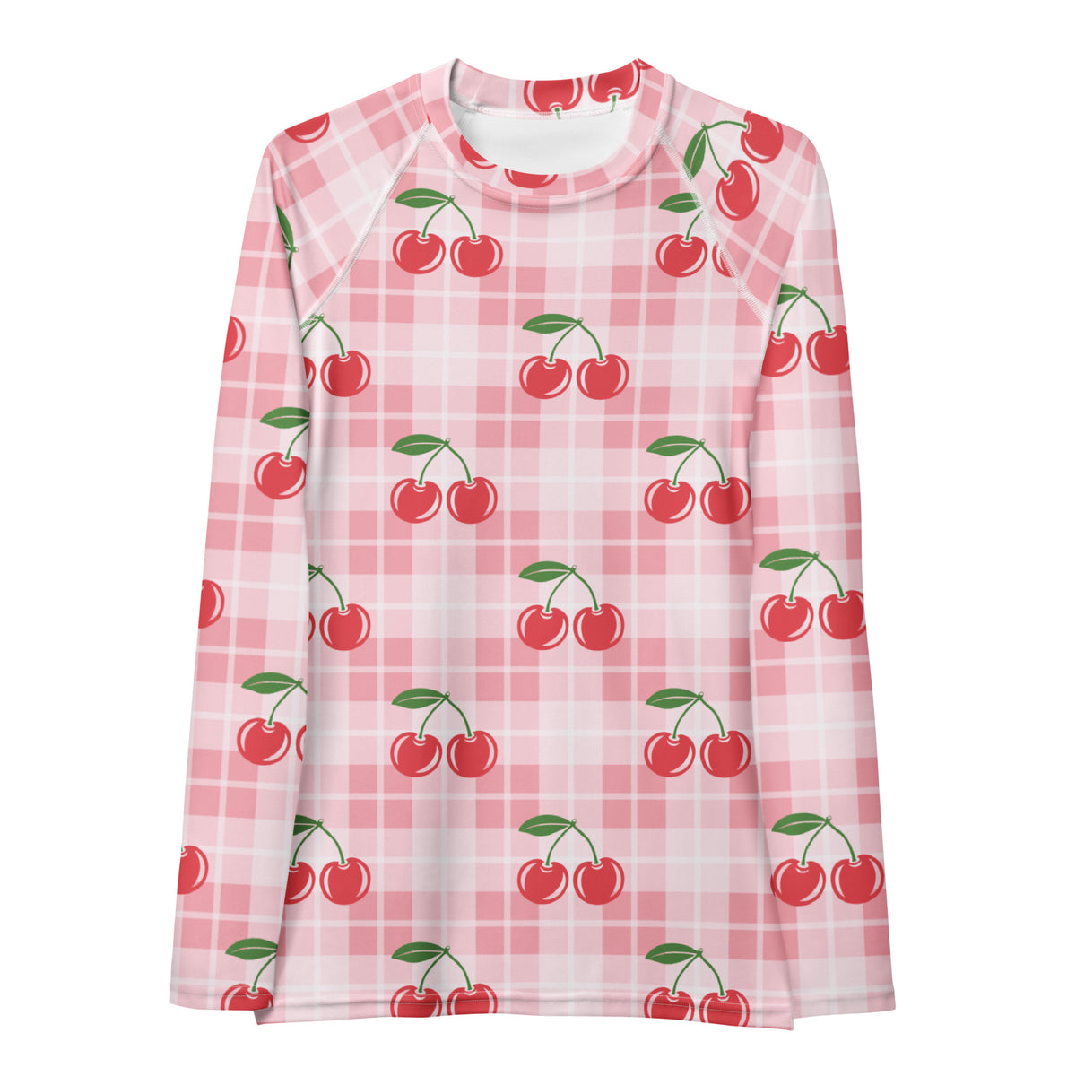 Women's Pink Plaid Cherry Long Sleeve Rash Guard Swim Shirt – Buttery Soft, Sun Safe UPF 50+ Protection, Quick Dry & 4-Way Stretch Comfort