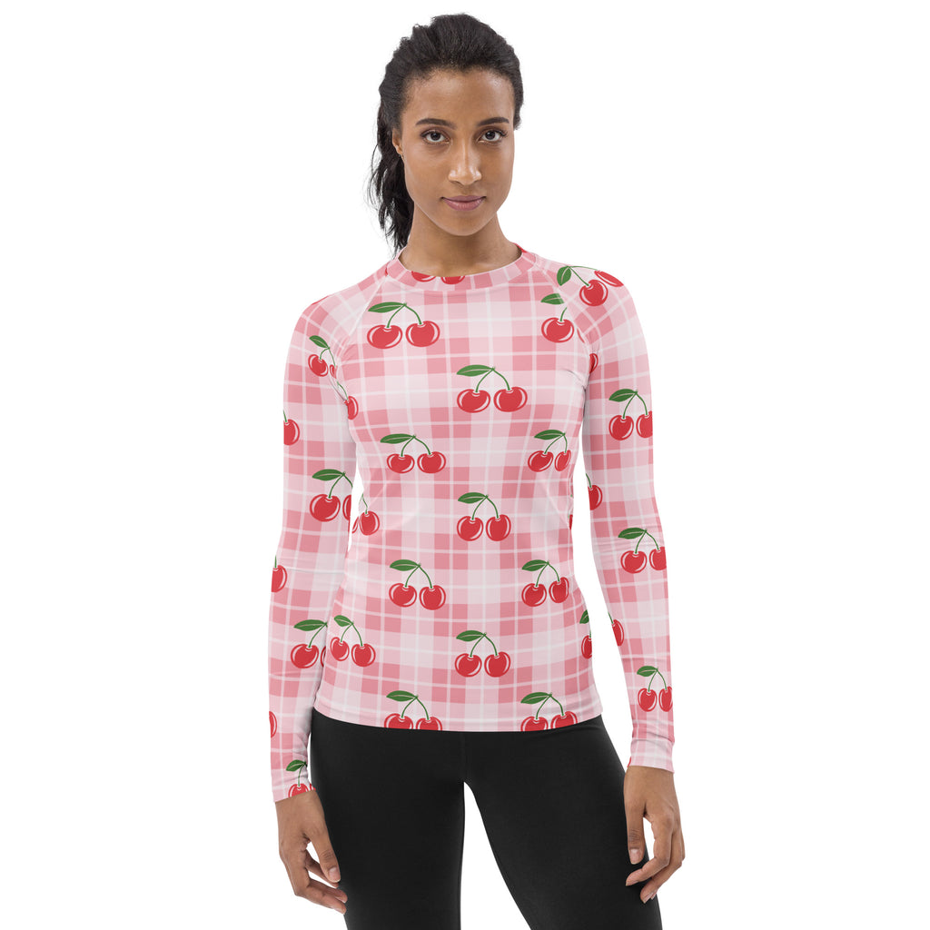 Women's Pink Plaid Cherry Long Sleeve Rash Guard Swim Shirt – Buttery Soft, Sun Safe UPF 50+ Protection, Quick Dry & 4-Way Stretch Comfort