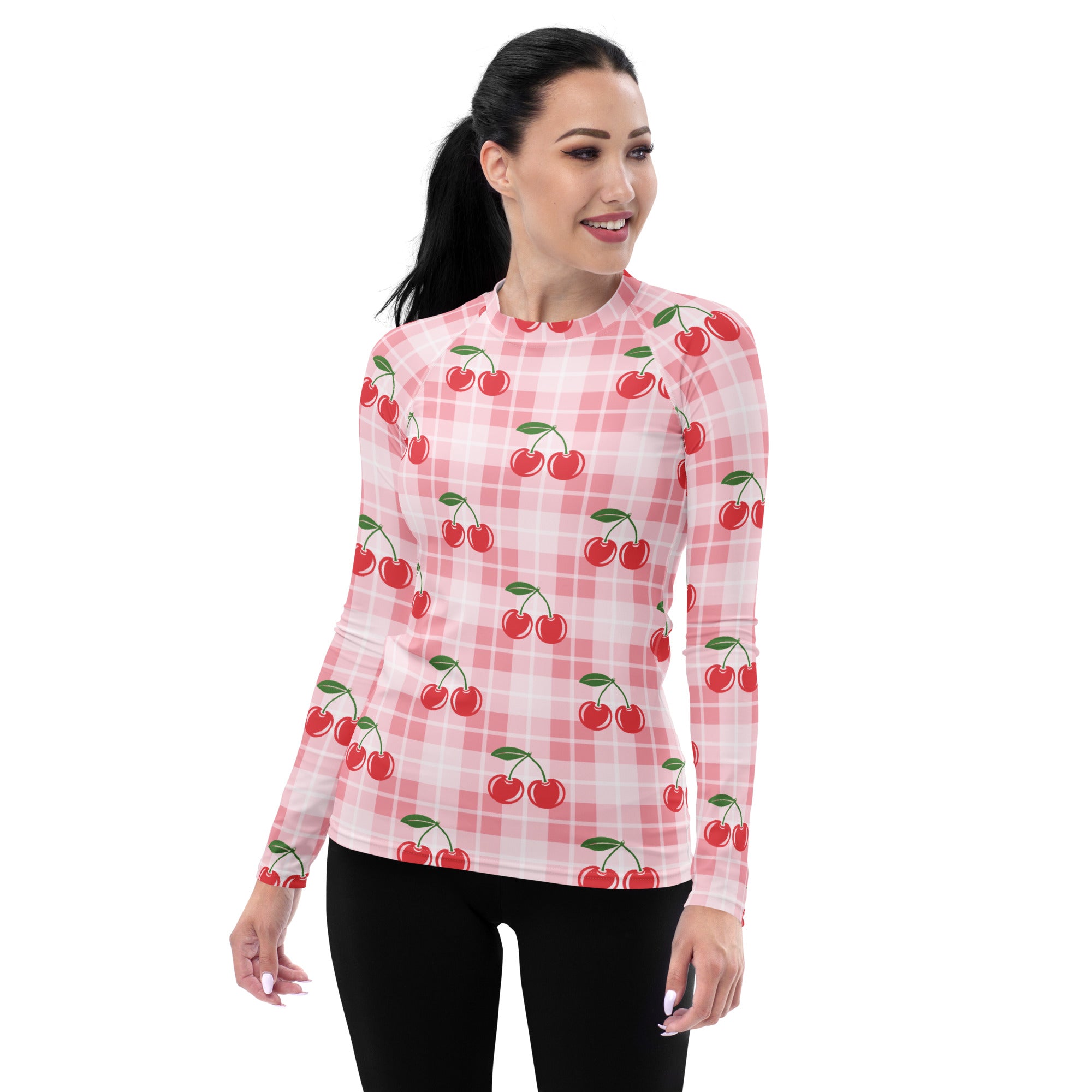 Women's Pink Plaid Cherry Long Sleeve Rash Guard Swim Shirt – Buttery Soft, Sun Safe UPF 50+ Protection, Quick Dry & 4-Way Stretch Comfort