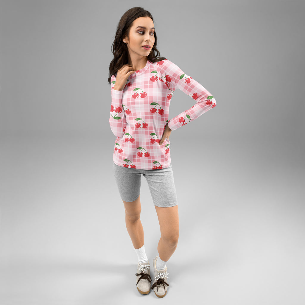 Women's Pink Plaid Cherry Long Sleeve Rash Guard Swim Shirt – Buttery Soft, Sun Safe UPF 50+ Protection, Quick Dry & 4-Way Stretch Comfort