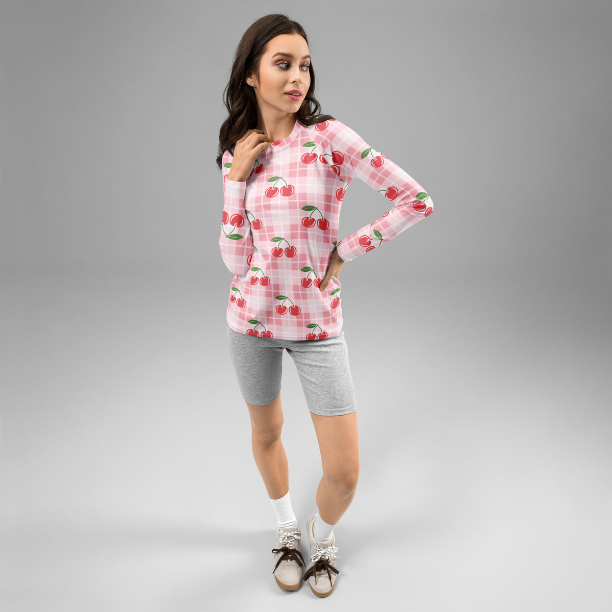 Women's Pink Plaid Cherry Long Sleeve Rash Guard Swim Shirt – Buttery Soft, Sun Safe UPF 50+ Protection, Quick Dry & 4-Way Stretch Comfort