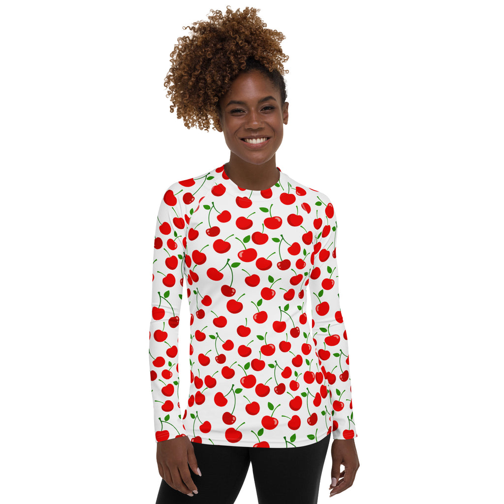 Women's Red Cherry Long Sleeve Rash Guard Swim Shirt – Buttery Soft, Sun Safe UPF 50+ Protection, Quick Dry & 4-Way Stretch Comfort