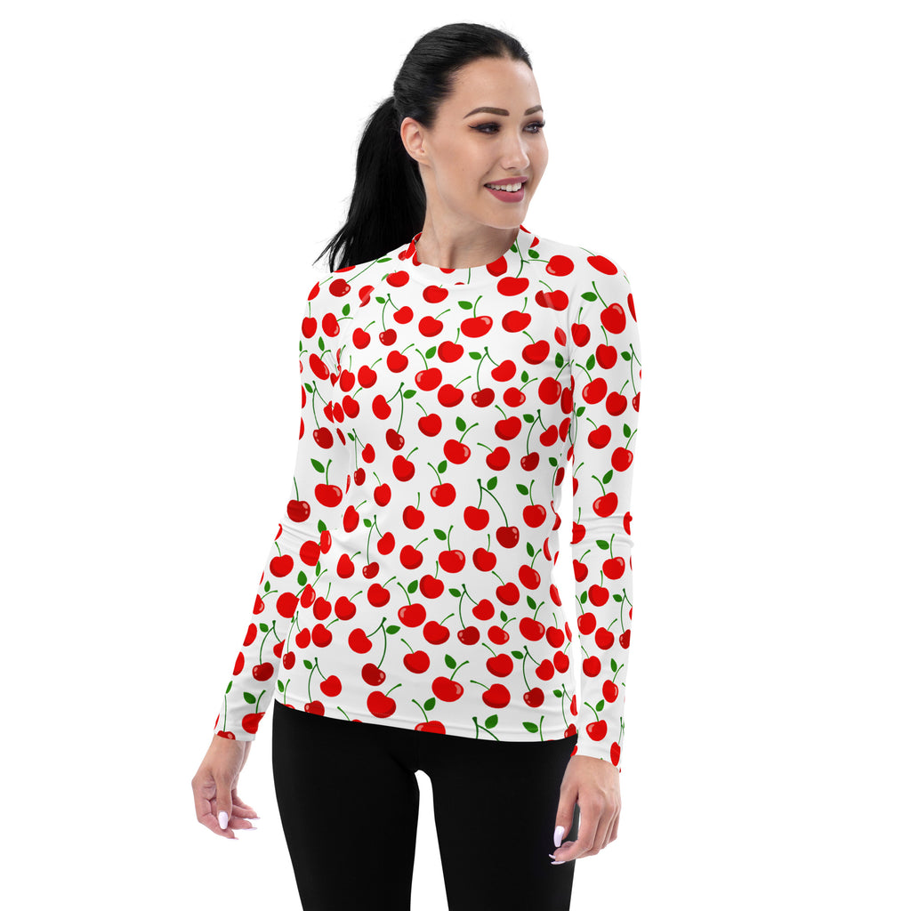 Women's Red Cherry Long Sleeve Rash Guard Swim Shirt – Buttery Soft, Sun Safe UPF 50+ Protection, Quick Dry & 4-Way Stretch Comfort
