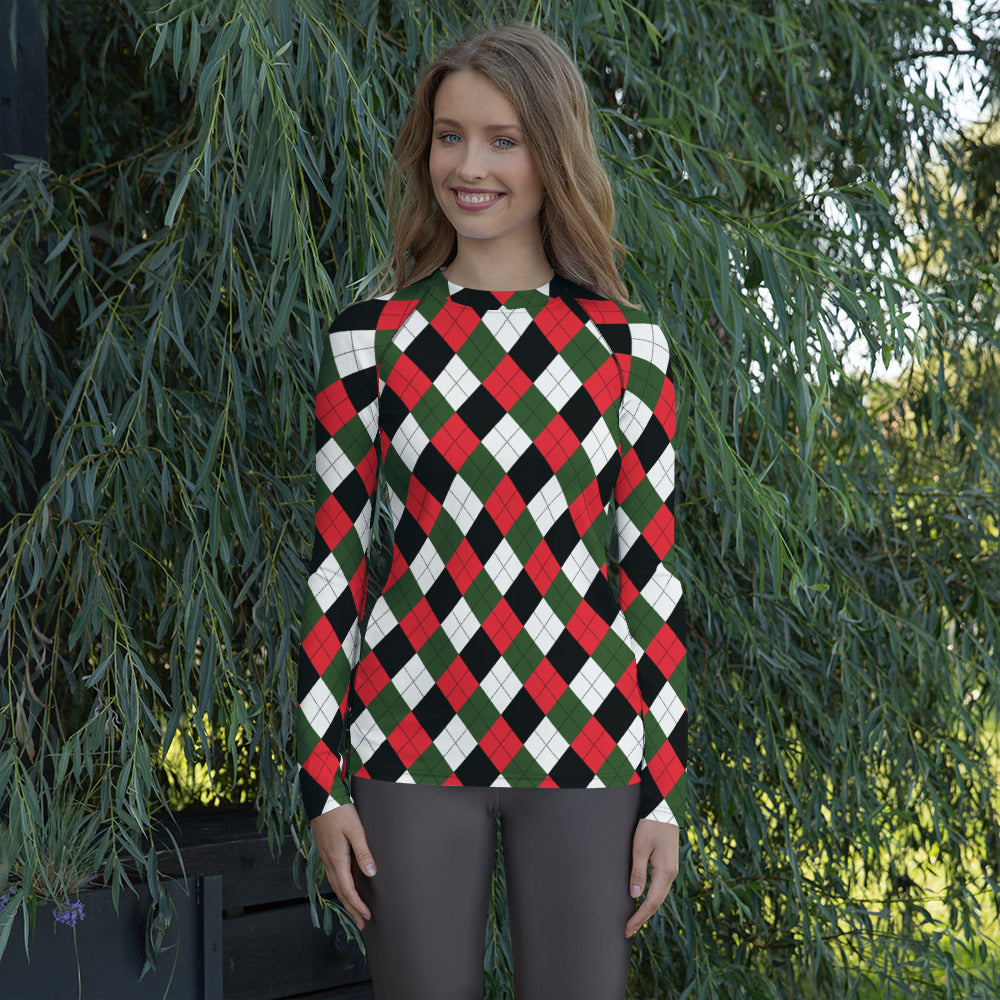 Women's Christmas Argyle Long Sleeve Rash Guard Swim Shirt – Buttery Soft, Sun Safe UPF 50+ Protection, Quick Dry & 4-Way Stretch Comfort