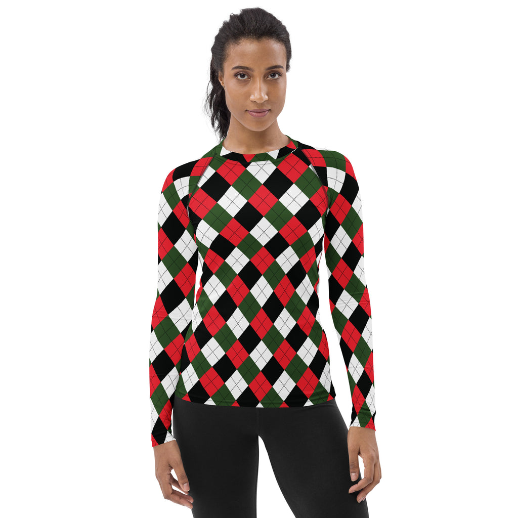 Women's Christmas Argyle Long Sleeve Rash Guard Swim Shirt – Buttery Soft, Sun Safe UPF 50+ Protection, Quick Dry & 4-Way Stretch Comfort