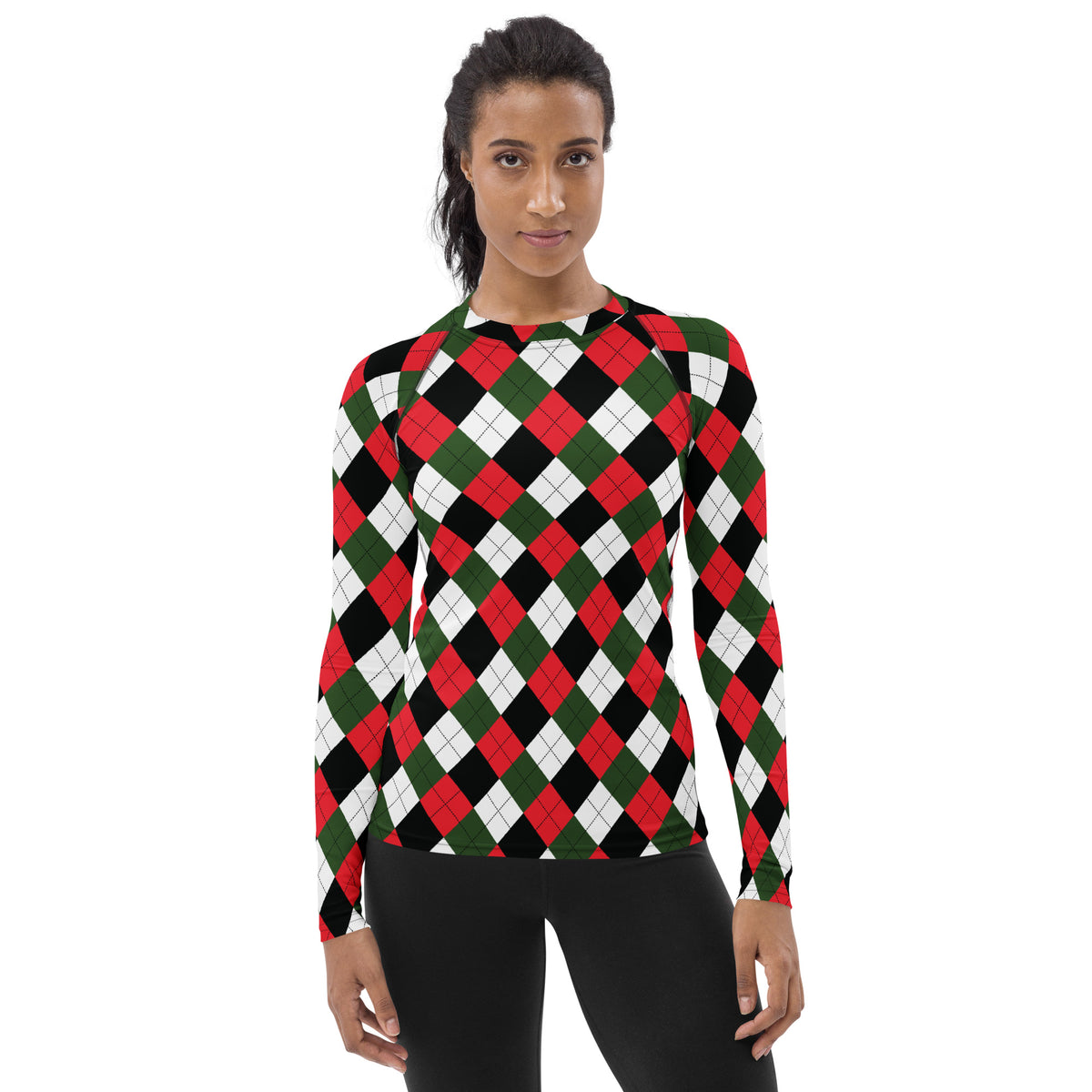 Women's Christmas Argyle Long Sleeve Rash Guard Swim Shirt – Buttery Soft, Sun Safe UPF 50+ Protection, Quick Dry & 4-Way Stretch Comfort