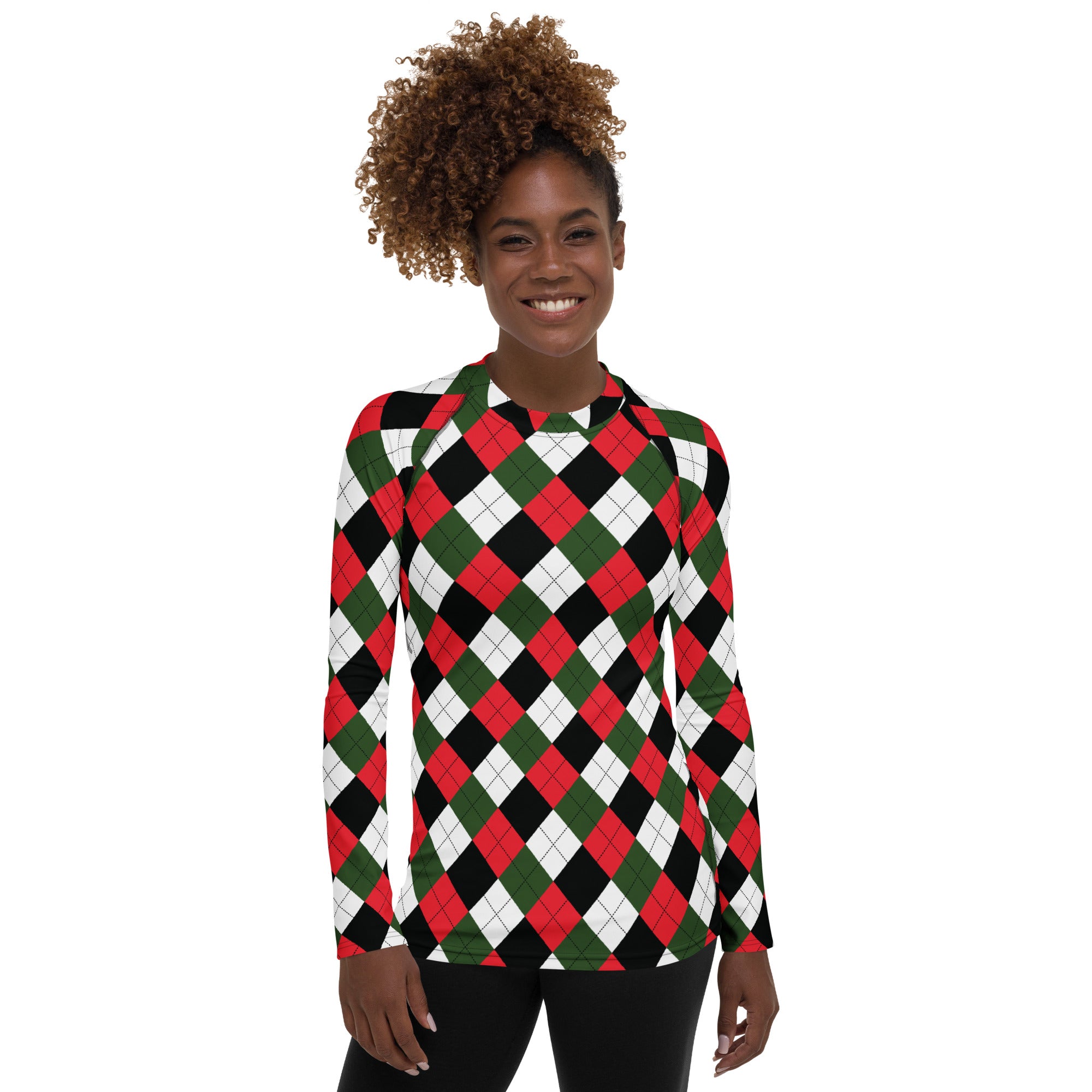 Women's Christmas Argyle Long Sleeve Rash Guard Swim Shirt – Buttery Soft, Sun Safe UPF 50+ Protection, Quick Dry & 4-Way Stretch Comfort