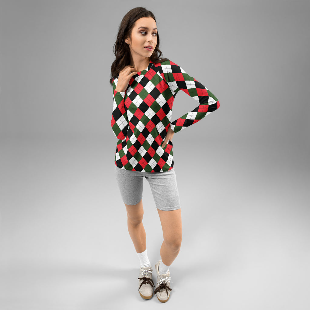Women's Christmas Argyle Long Sleeve Rash Guard Swim Shirt – Buttery Soft, Sun Safe UPF 50+ Protection, Quick Dry & 4-Way Stretch Comfort