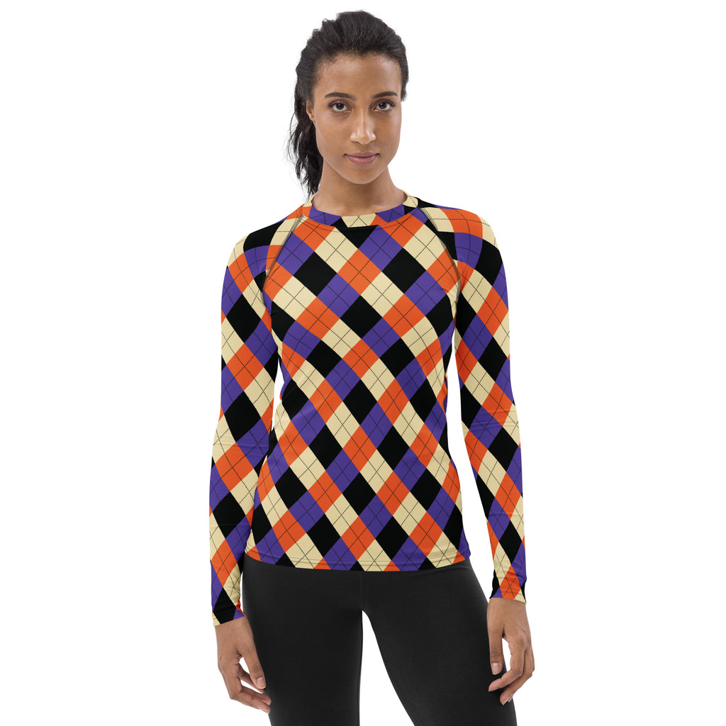 Women's Halloween Argyle Long Sleeve Rash Guard Swim Shirt – Buttery Soft, Sun Safe UPF 50+ Protection, Quick Dry & 4-Way Stretch Comfort