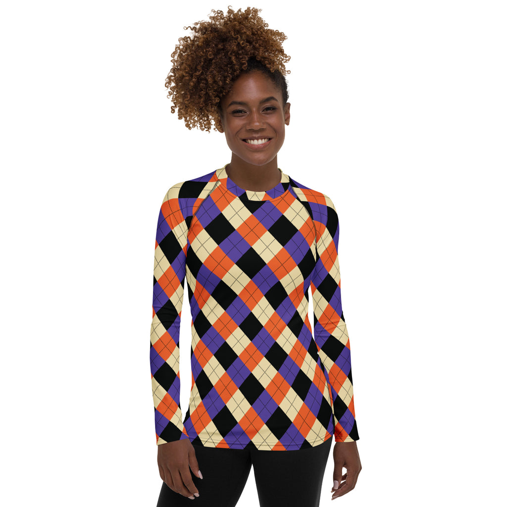 Women's Halloween Argyle Long Sleeve Rash Guard Swim Shirt – Buttery Soft, Sun Safe UPF 50+ Protection, Quick Dry & 4-Way Stretch Comfort