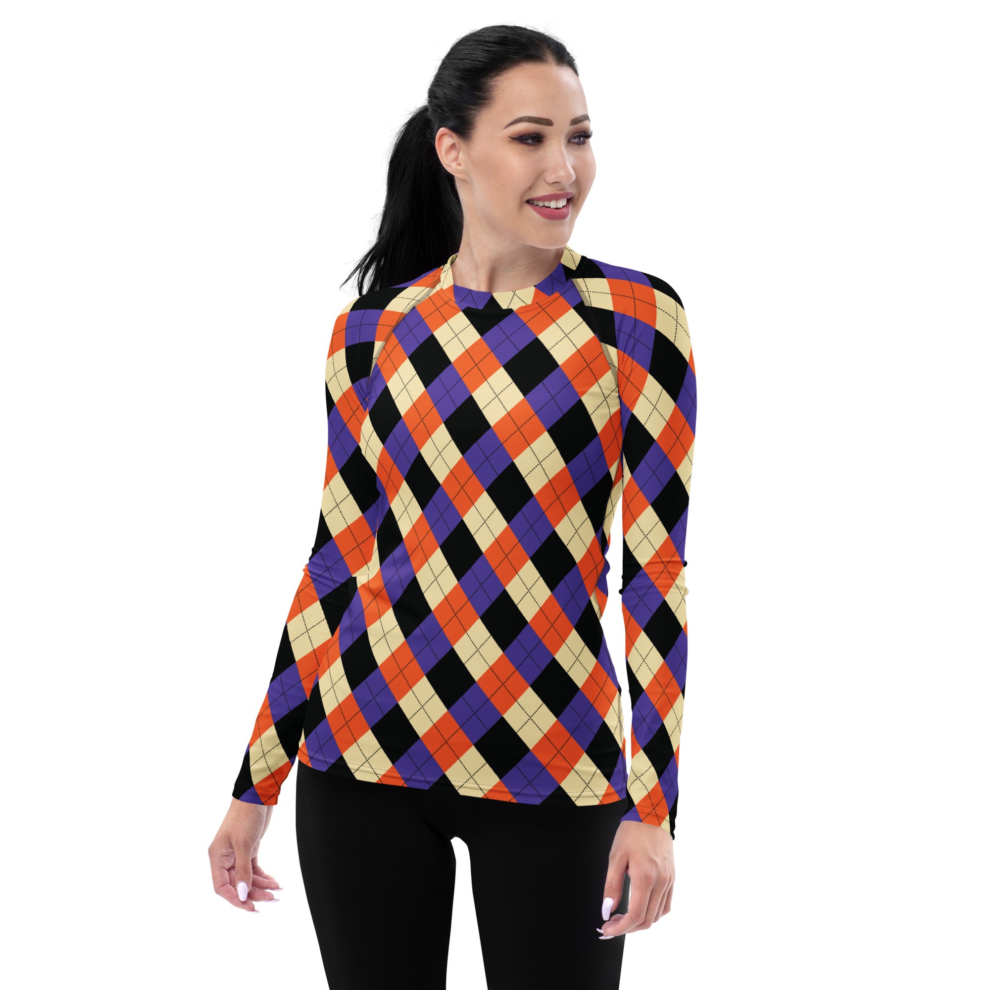 Women's Halloween Argyle Long Sleeve Rash Guard Swim Shirt – Buttery Soft, Sun Safe UPF 50+ Protection, Quick Dry & 4-Way Stretch Comfort