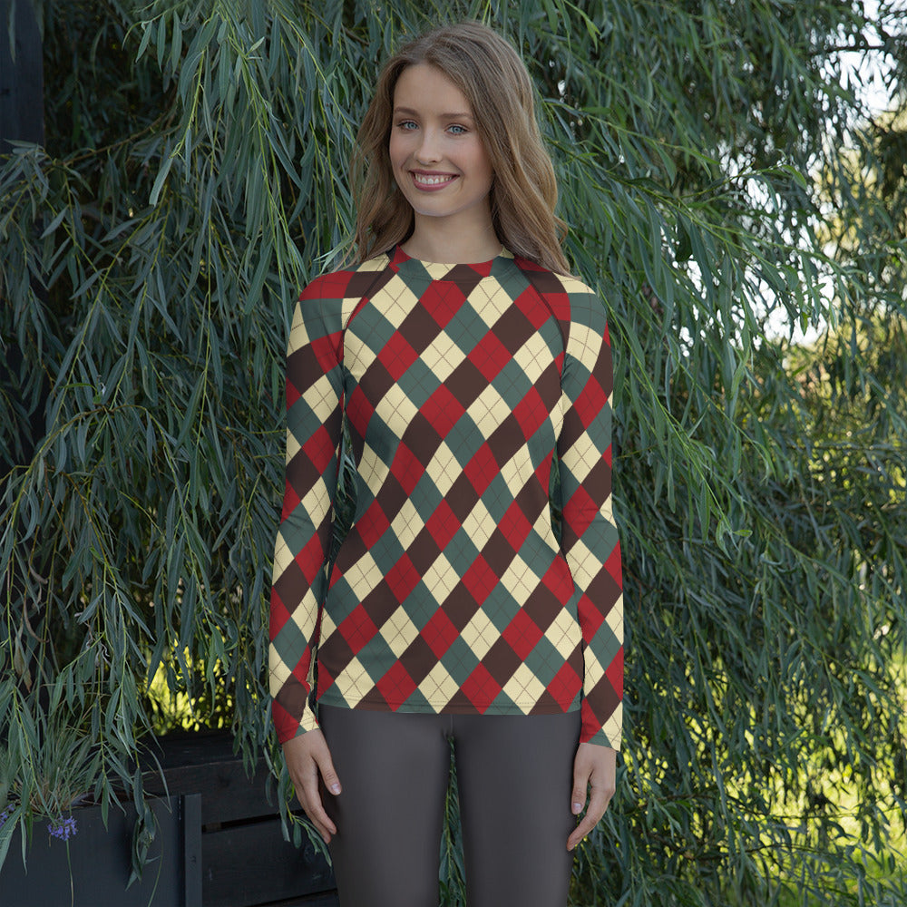 Women's Red Green Brown Christmas Argyle Long Sleeve Rash Guard Swim Shirt – Buttery Soft, Sun Safe UPF 50+ Protection, Quick Dry & 4-Way Stretch Comfort
