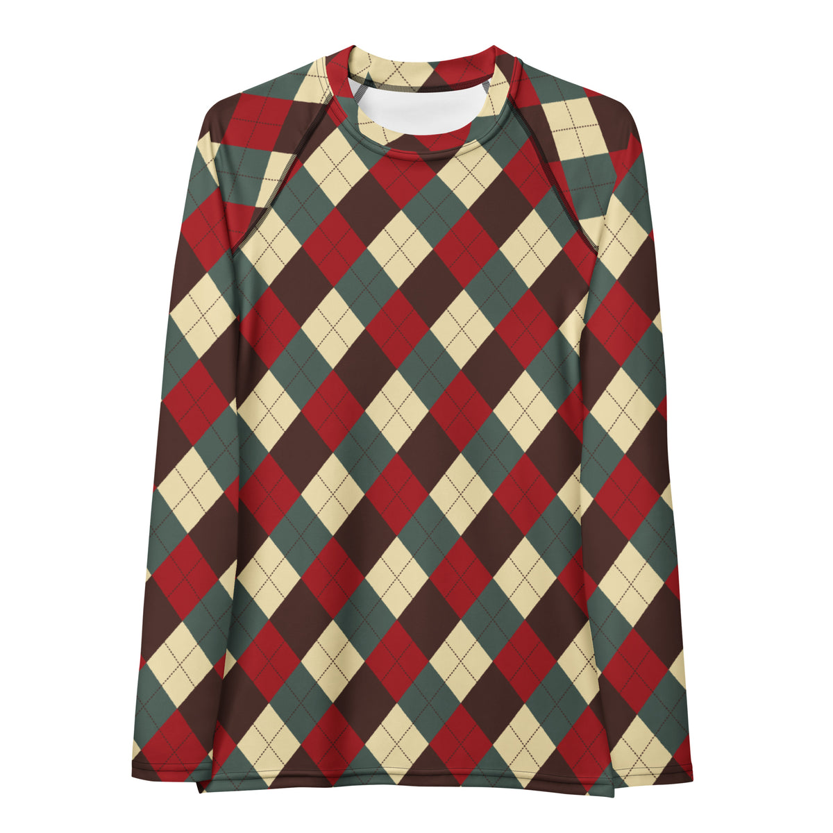 Women's Red Green Brown Christmas Argyle Long Sleeve Rash Guard Swim Shirt – Buttery Soft, Sun Safe UPF 50+ Protection, Quick Dry & 4-Way Stretch Comfort