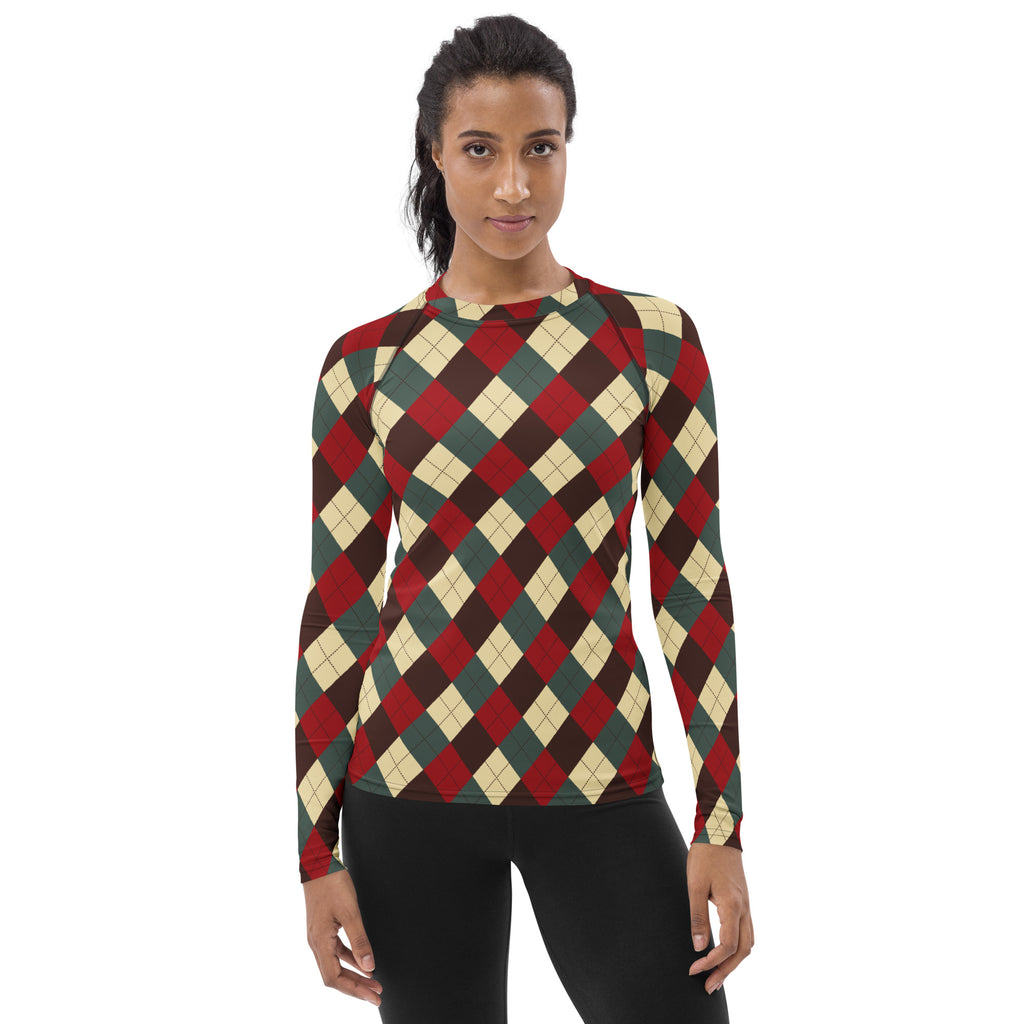 Women's Red Green Brown Christmas Argyle Long Sleeve Rash Guard Swim Shirt – Buttery Soft, Sun Safe UPF 50+ Protection, Quick Dry & 4-Way Stretch Comfort