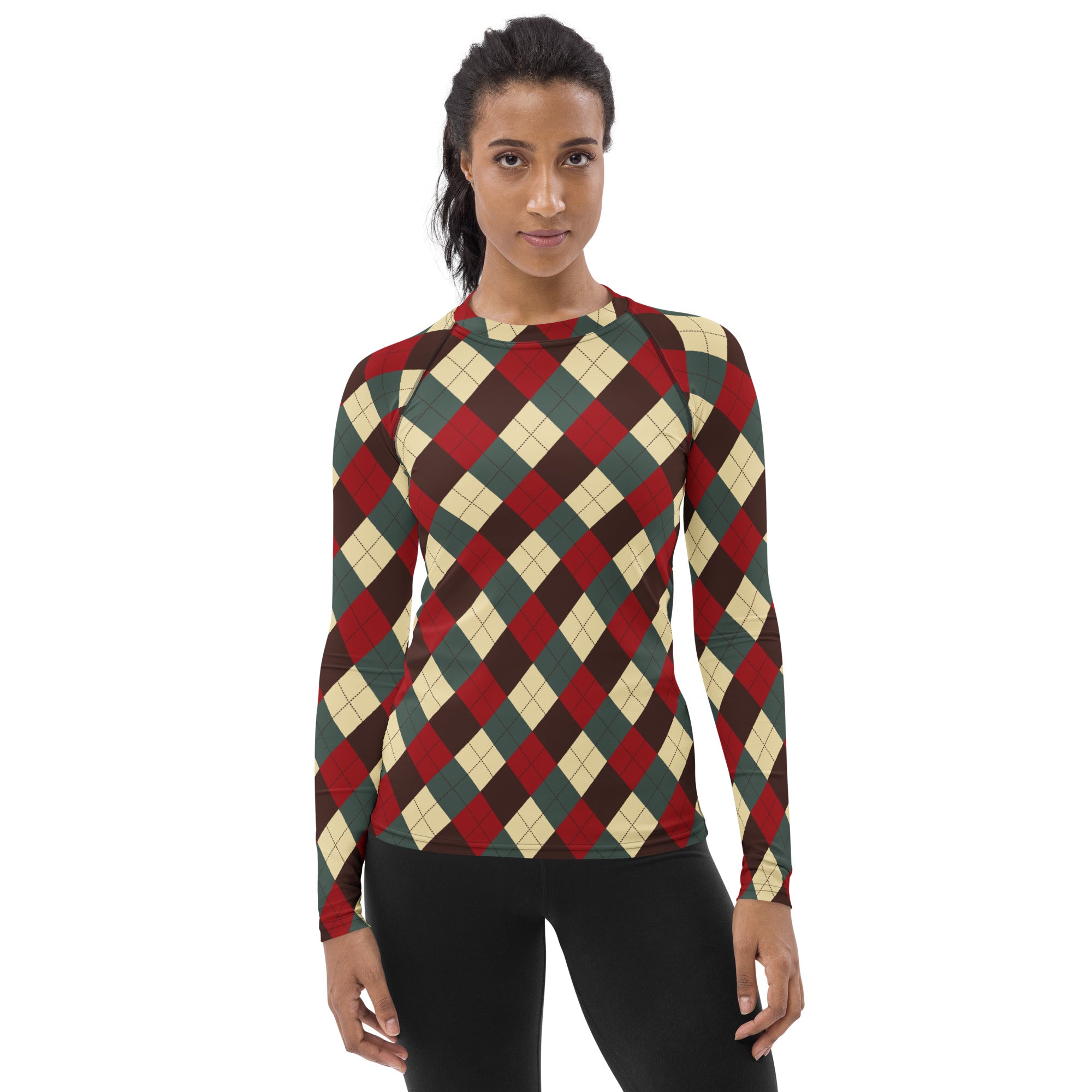Women's Red Green Brown Christmas Argyle Long Sleeve Rash Guard Swim Shirt – Buttery Soft, Sun Safe UPF 50+ Protection, Quick Dry & 4-Way Stretch Comfort