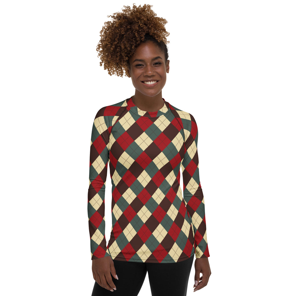 Women's Red Green Brown Christmas Argyle Long Sleeve Rash Guard Swim Shirt – Buttery Soft, Sun Safe UPF 50+ Protection, Quick Dry & 4-Way Stretch Comfort