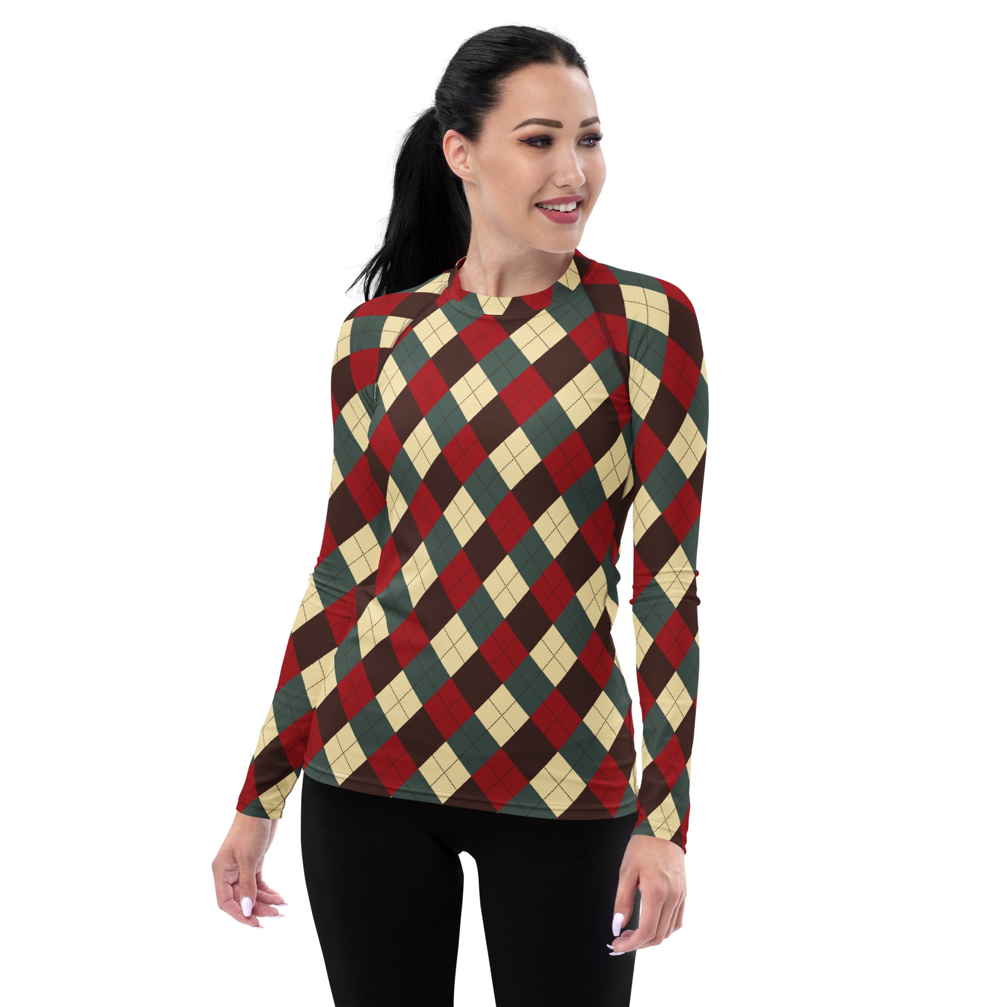 Women's Red Green Brown Christmas Argyle Long Sleeve Rash Guard Swim Shirt – Buttery Soft, Sun Safe UPF 50+ Protection, Quick Dry & 4-Way Stretch Comfort