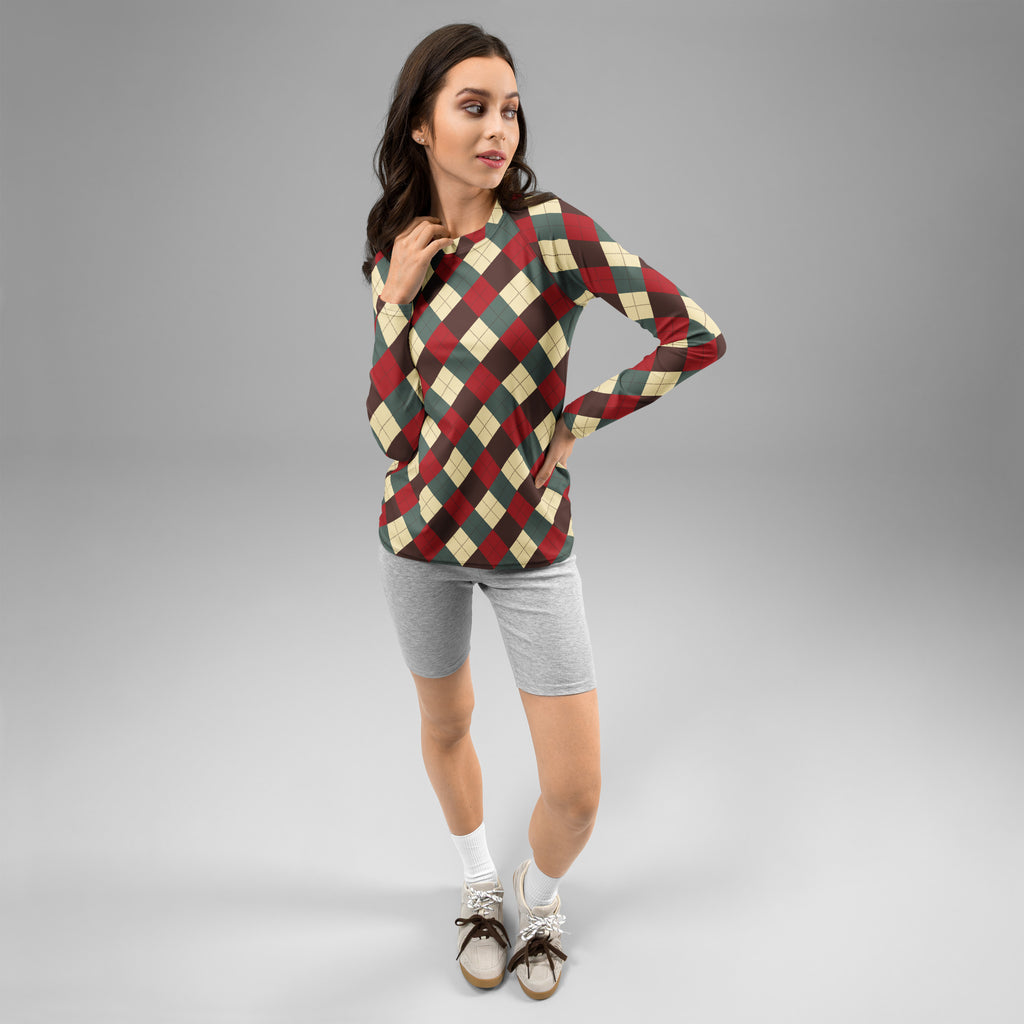 Women's Red Green Brown Christmas Argyle Long Sleeve Rash Guard Swim Shirt – Buttery Soft, Sun Safe UPF 50+ Protection, Quick Dry & 4-Way Stretch Comfort