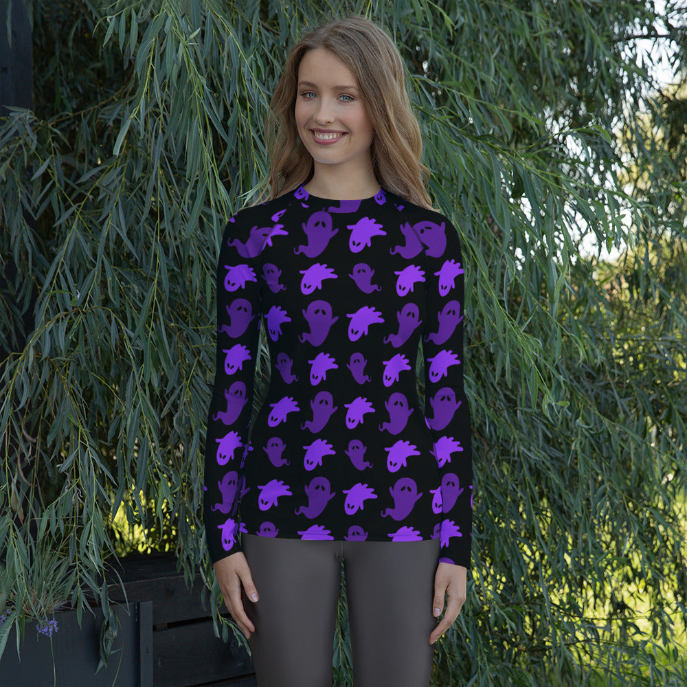 Women's Purple Ghost Halloween Long Sleeve Rash Guard Swim Shirt – Buttery Soft, Sun Safe UPF 50+ Protection, Quick Dry & 4-Way Stretch Comfort