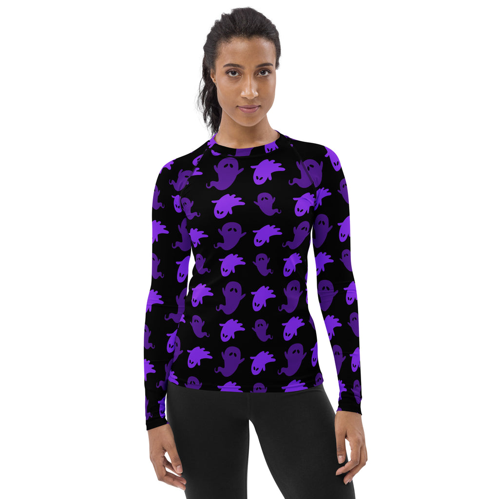 Women's Purple Ghost Halloween Long Sleeve Rash Guard Swim Shirt – Buttery Soft, Sun Safe UPF 50+ Protection, Quick Dry & 4-Way Stretch Comfort