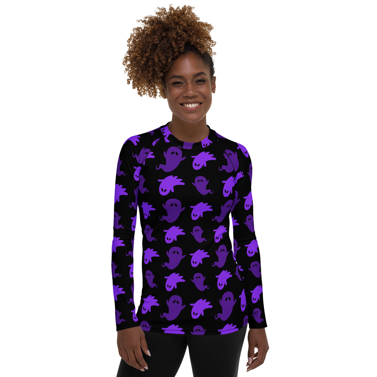 Women's Purple Ghost Halloween Long Sleeve Rash Guard Swim Shirt – Buttery Soft, Sun Safe UPF 50+ Protection, Quick Dry & 4-Way Stretch Comfort