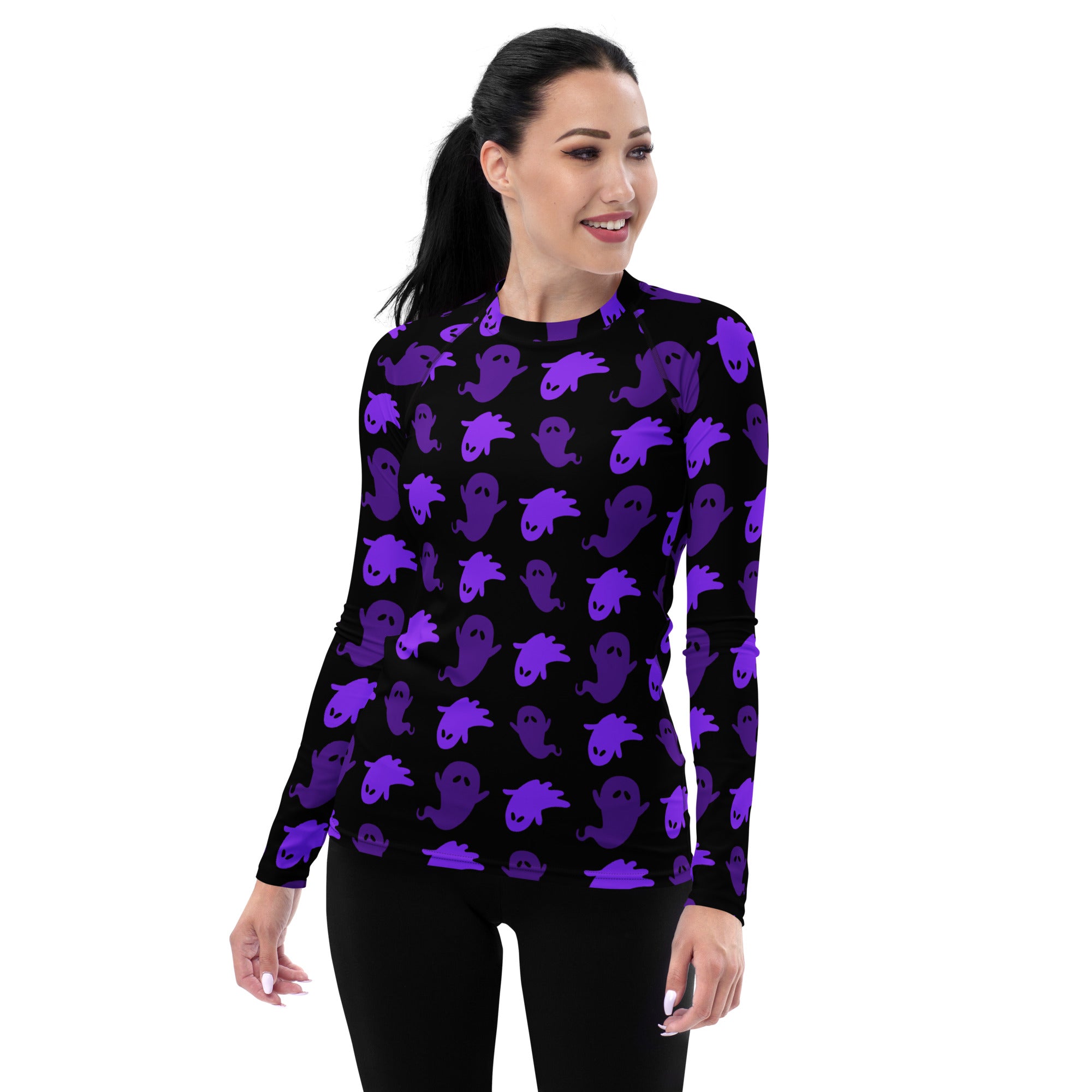 Women's Purple Ghost Halloween Long Sleeve Rash Guard Swim Shirt – Buttery Soft, Sun Safe UPF 50+ Protection, Quick Dry & 4-Way Stretch Comfort