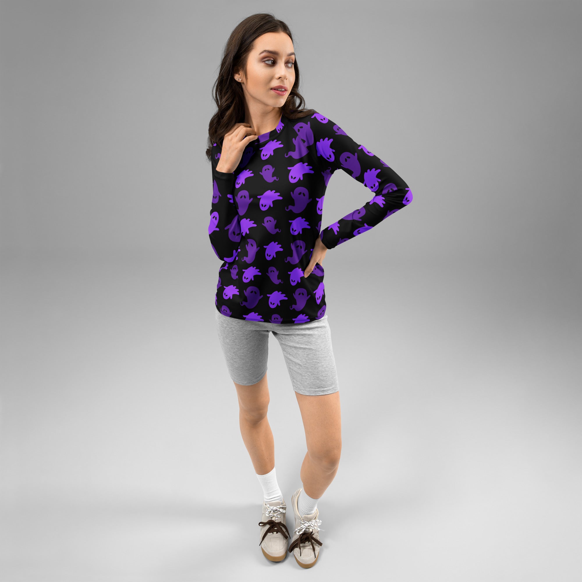 Women's Purple Ghost Halloween Long Sleeve Rash Guard Swim Shirt – Buttery Soft, Sun Safe UPF 50+ Protection, Quick Dry & 4-Way Stretch Comfort
