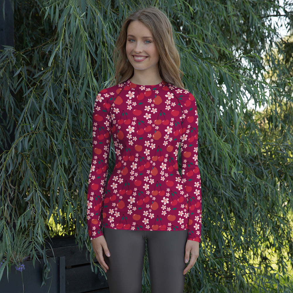 Women's Burgundy Cherry Floral Long Sleeve Rash Guard Swim Shirt – Buttery Soft, Sun Safe UPF 50+ Protection, Quick Dry & 4-Way Stretch Comfort