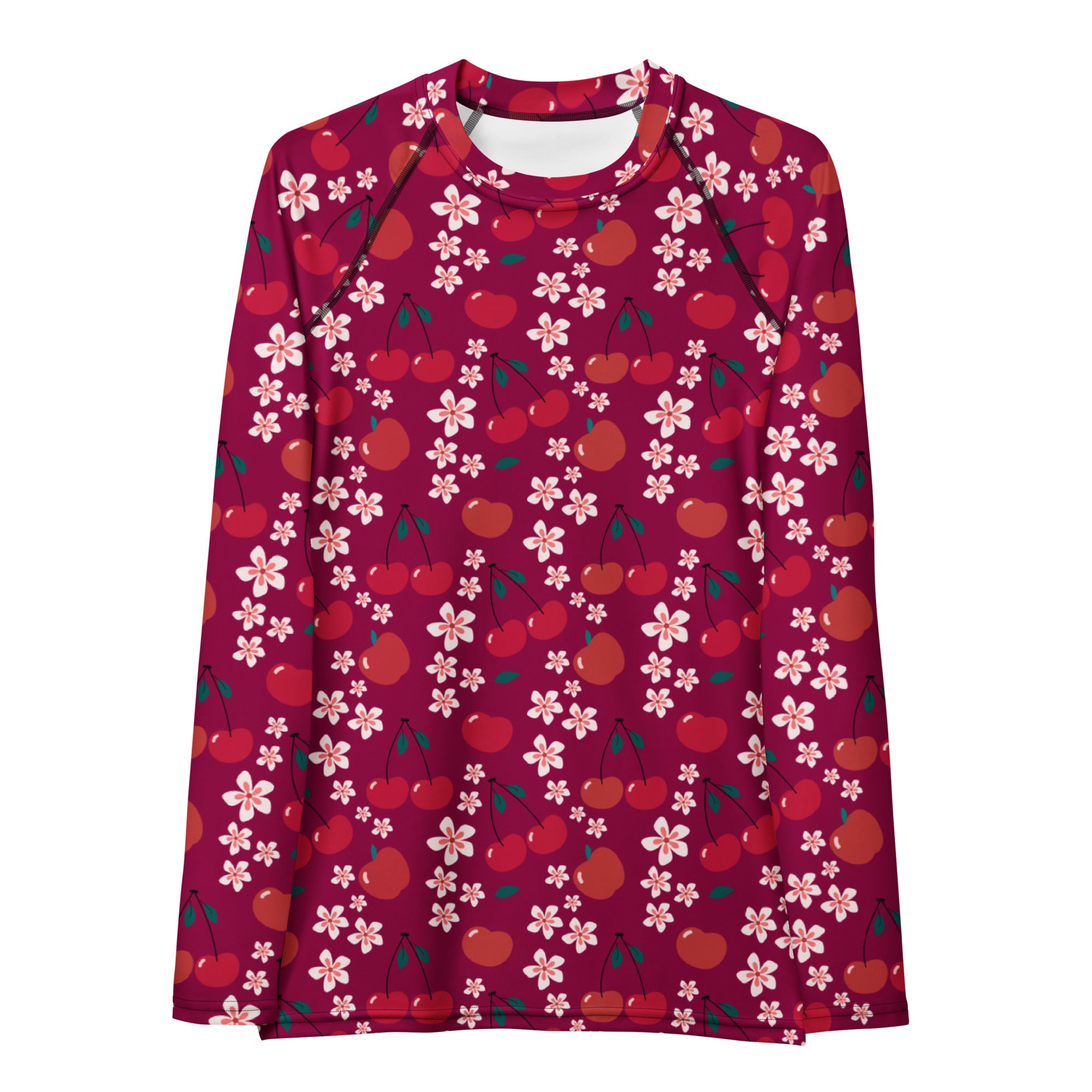 Women's Burgundy Cherry Floral Long Sleeve Rash Guard Swim Shirt – Buttery Soft, Sun Safe UPF 50+ Protection, Quick Dry & 4-Way Stretch Comfort