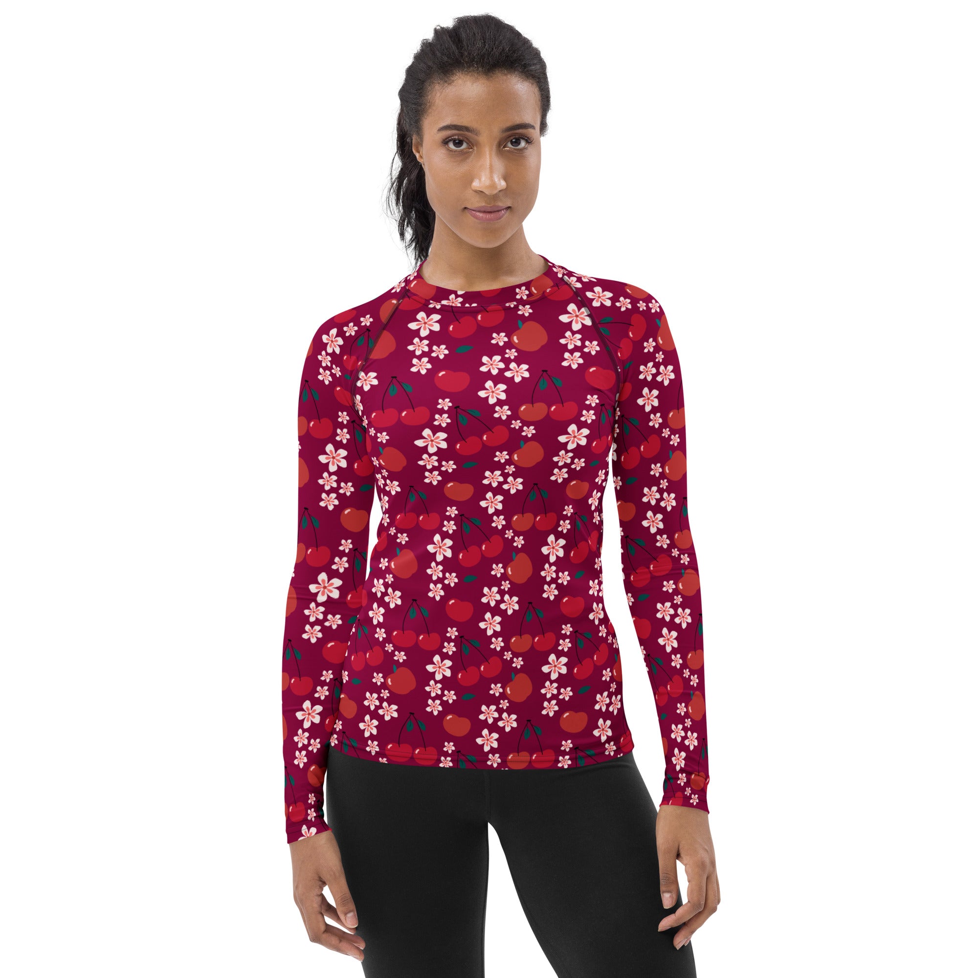 Women's Burgundy Cherry Floral Long Sleeve Rash Guard Swim Shirt – Buttery Soft, Sun Safe UPF 50+ Protection, Quick Dry & 4-Way Stretch Comfort