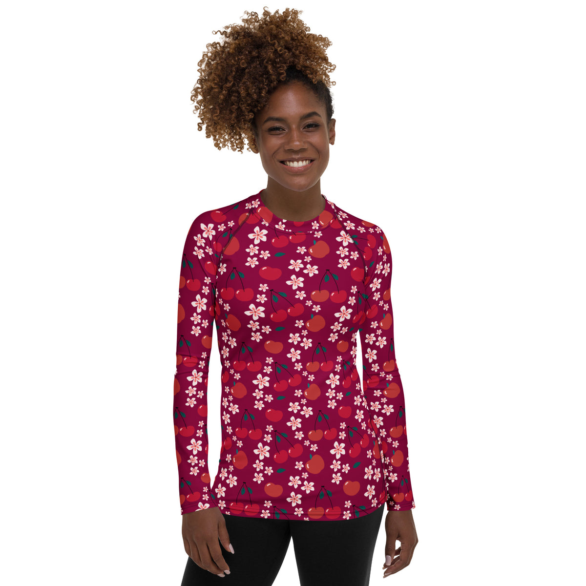 Women's Burgundy Cherry Floral Long Sleeve Rash Guard Swim Shirt – Buttery Soft, Sun Safe UPF 50+ Protection, Quick Dry & 4-Way Stretch Comfort