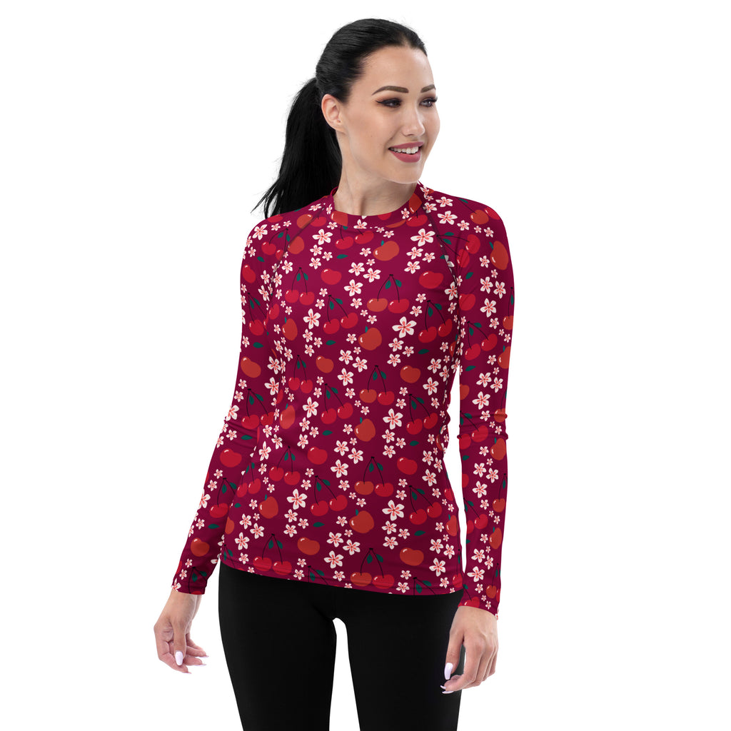 Women's Burgundy Cherry Floral Long Sleeve Rash Guard Swim Shirt – Buttery Soft, Sun Safe UPF 50+ Protection, Quick Dry & 4-Way Stretch Comfort