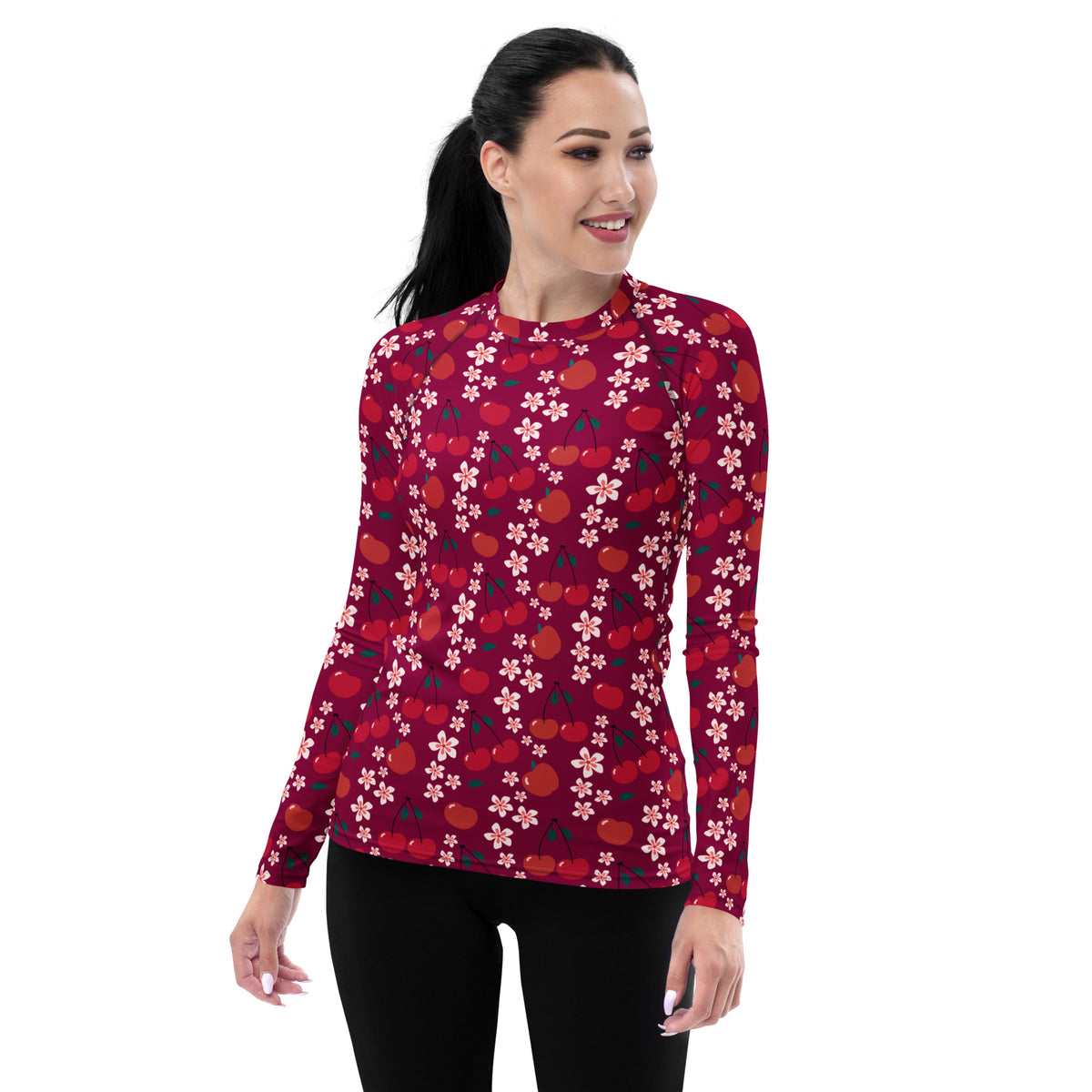Women's Burgundy Cherry Floral Long Sleeve Rash Guard Swim Shirt – Buttery Soft, Sun Safe UPF 50+ Protection, Quick Dry & 4-Way Stretch Comfort