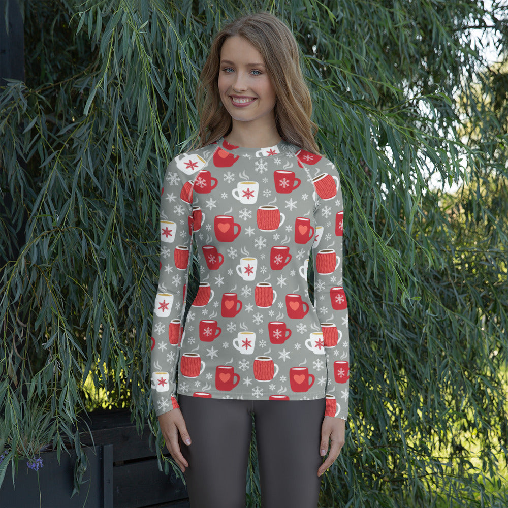 Women's Christmas Coffee Long Sleeve Rash Guard Swim Shirt – Buttery Soft, Sun Safe UPF 50+ Protection, Quick Dry & 4-Way Stretch Comfort