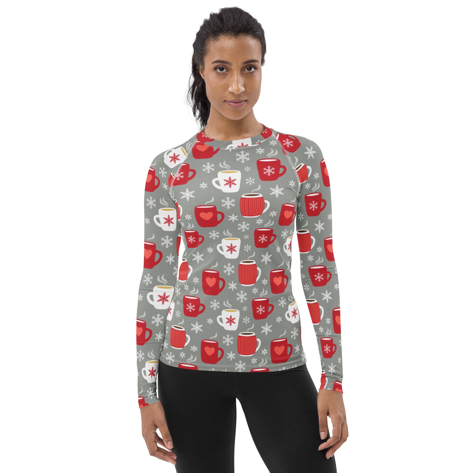 Women's Christmas Coffee Long Sleeve Rash Guard Swim Shirt – Buttery Soft, Sun Safe UPF 50+ Protection, Quick Dry & 4-Way Stretch Comfort