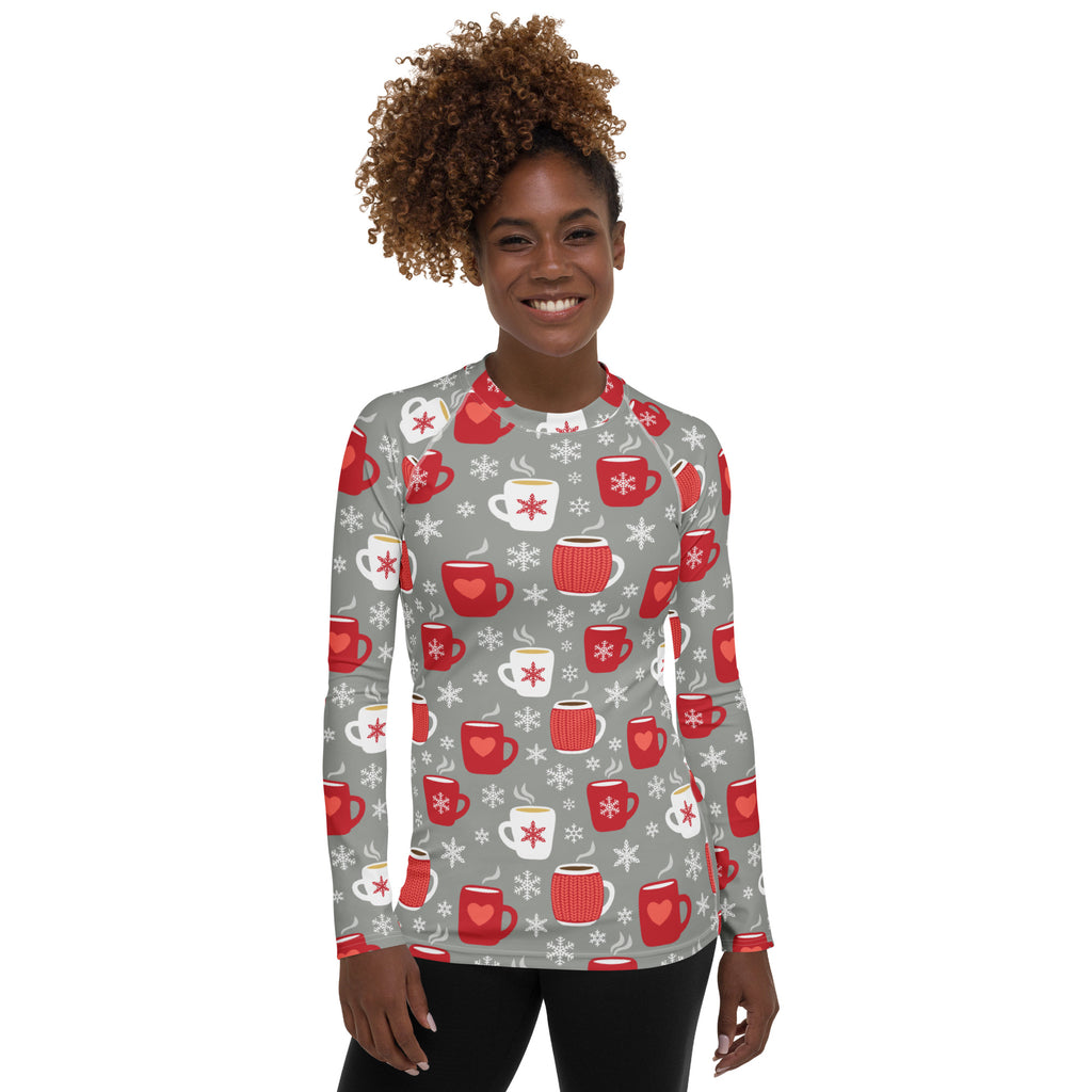Women's Christmas Coffee Long Sleeve Rash Guard Swim Shirt – Buttery Soft, Sun Safe UPF 50+ Protection, Quick Dry & 4-Way Stretch Comfort