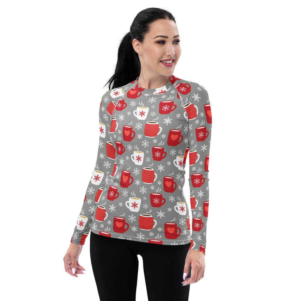 Women's Christmas Coffee Long Sleeve Rash Guard Swim Shirt – Buttery Soft, Sun Safe UPF 50+ Protection, Quick Dry & 4-Way Stretch Comfort