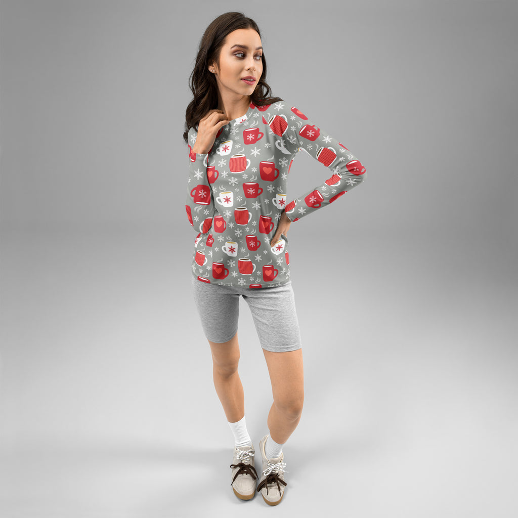 Women's Christmas Coffee Long Sleeve Rash Guard Swim Shirt – Buttery Soft, Sun Safe UPF 50+ Protection, Quick Dry & 4-Way Stretch Comfort