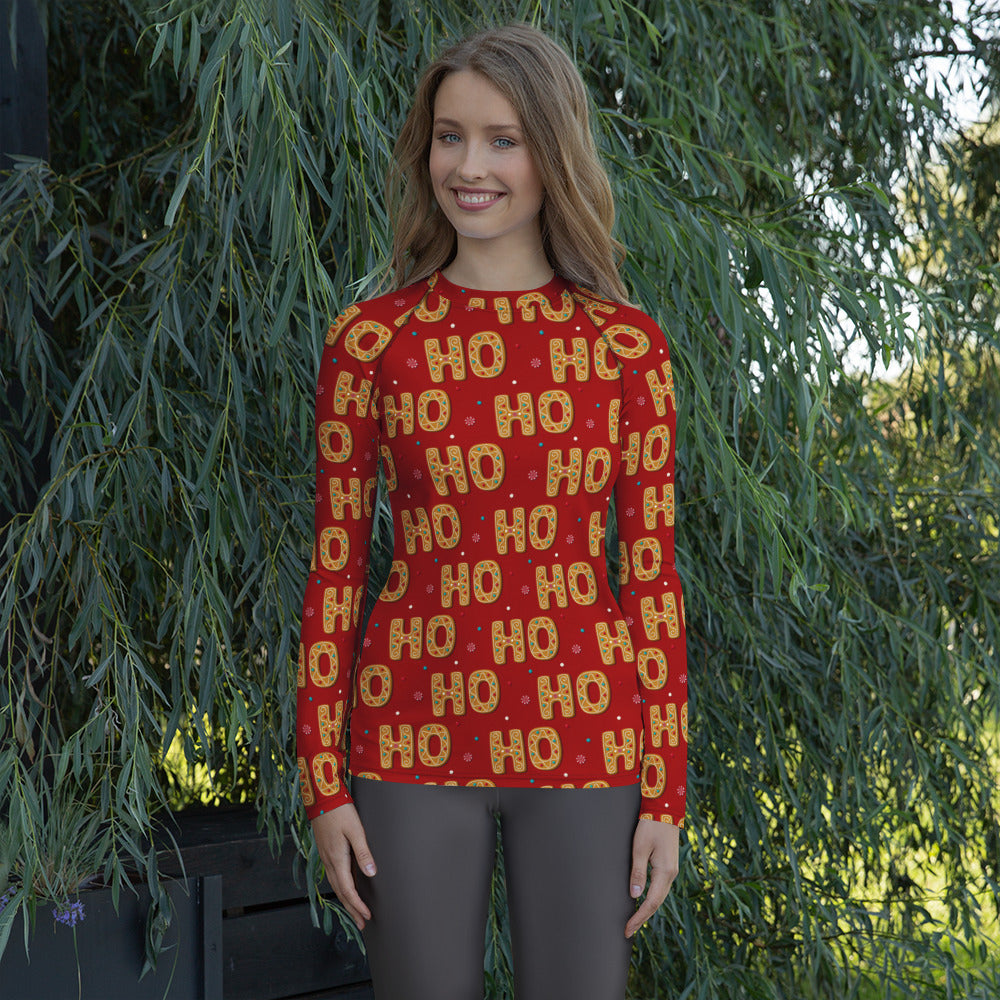 Women's Gingerbread Ho Ho Ho Christmas Long Sleeve Rash Guard Swim Shirt – Buttery Soft, Sun Safe UPF 50+ Protection, Quick Dry & 4-Way Stretch Comfort