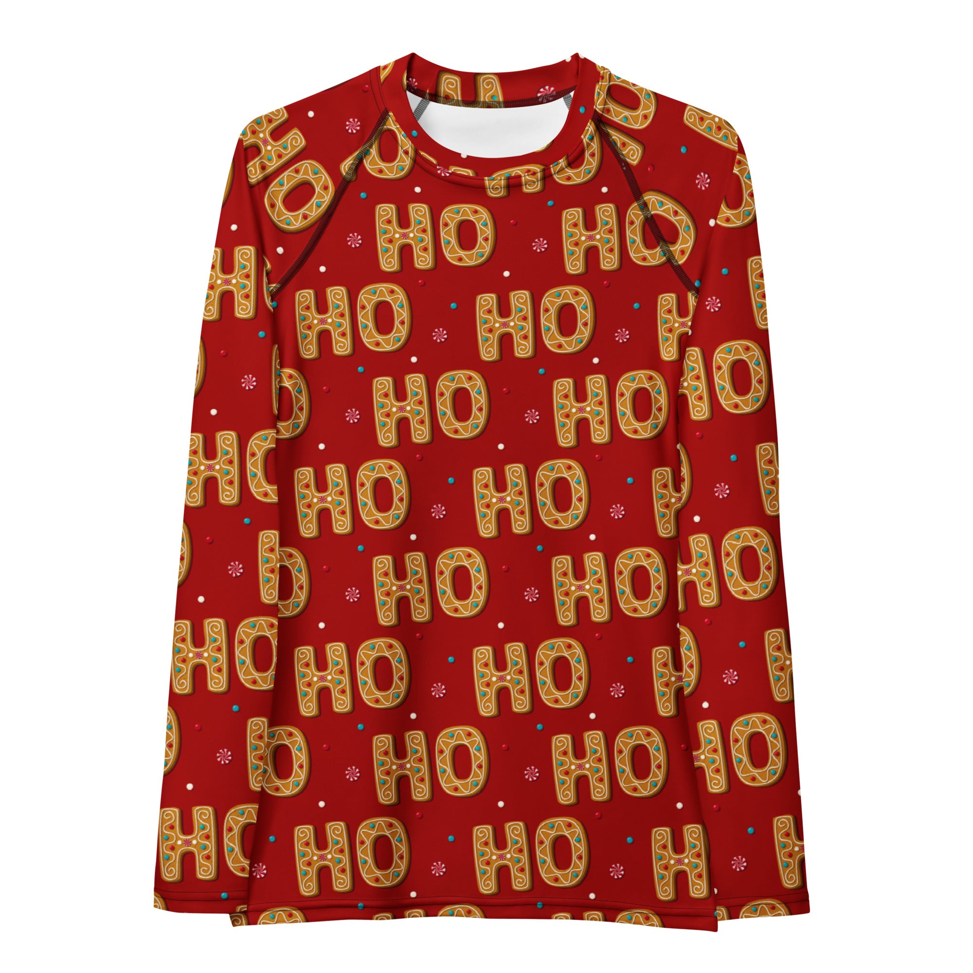 Women's Gingerbread Ho Ho Ho Christmas Long Sleeve Rash Guard Swim Shirt – Buttery Soft, Sun Safe UPF 50+ Protection, Quick Dry & 4-Way Stretch Comfort
