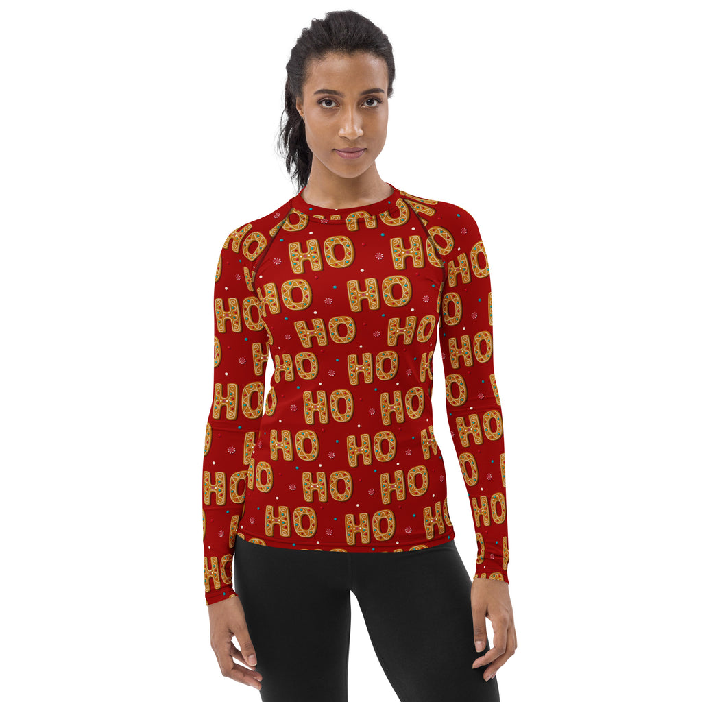 Women's Gingerbread Ho Ho Ho Christmas Long Sleeve Rash Guard Swim Shirt – Buttery Soft, Sun Safe UPF 50+ Protection, Quick Dry & 4-Way Stretch Comfort